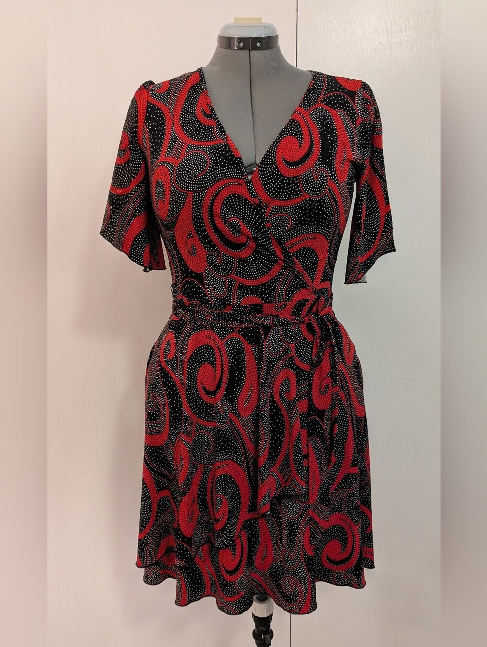 Red & Black Wrap Dress with Swirl Print